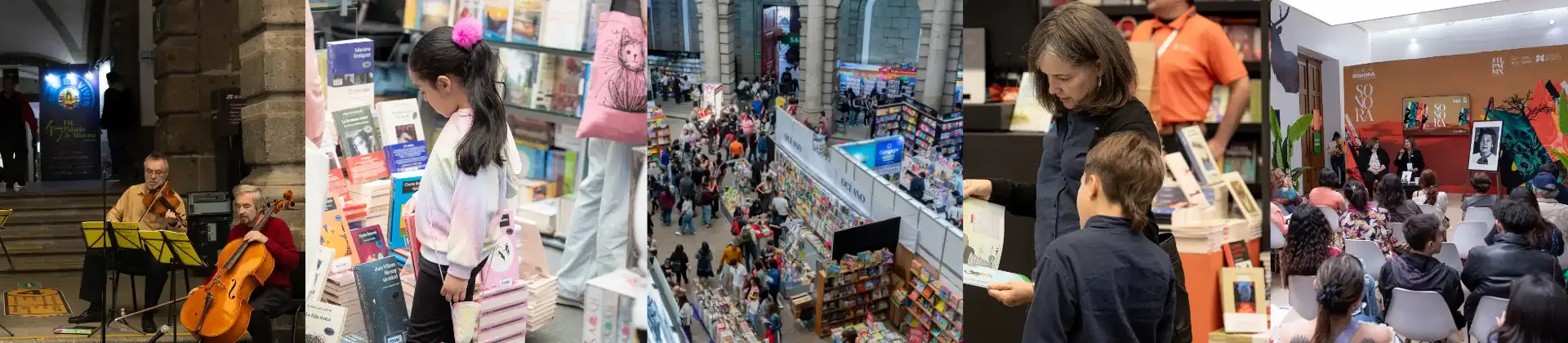 Escenas de la Feria: música en vivo, visitantes recorriendo los stands y actividades para infancias