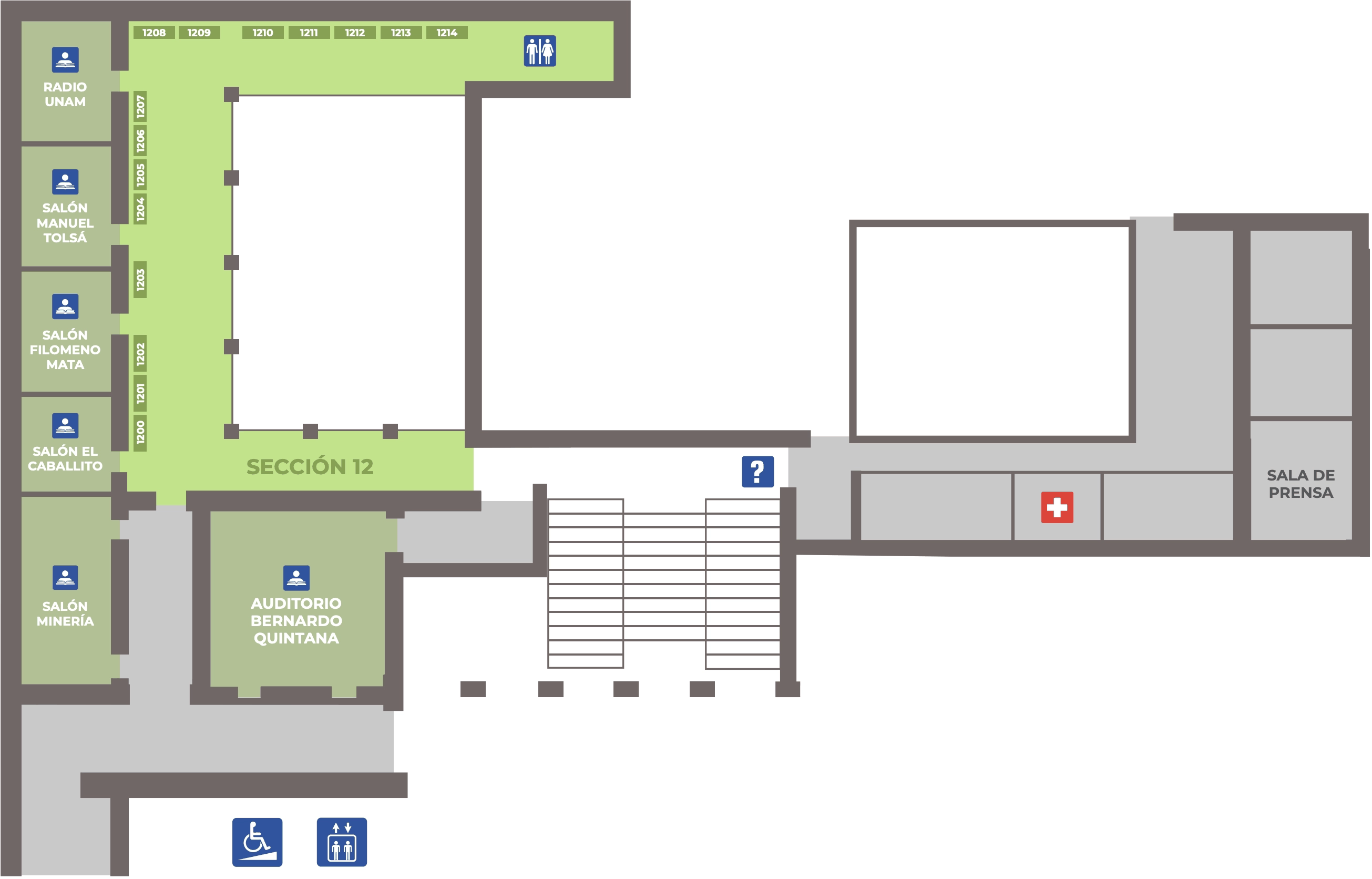 Plano del mezzanine del Palacio de Minería, con la sección 12, los salones, el Auditorio Bernardo Quintana y la Sala de Prensa