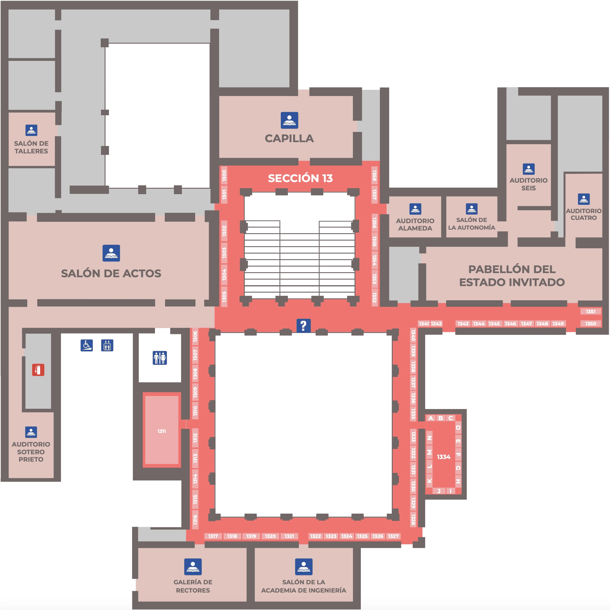 Plano de la planta alta del Palacio de Minería, con la sección 13, el Salón de Actos, la Capilla y el Pabellón del Estado Invitado