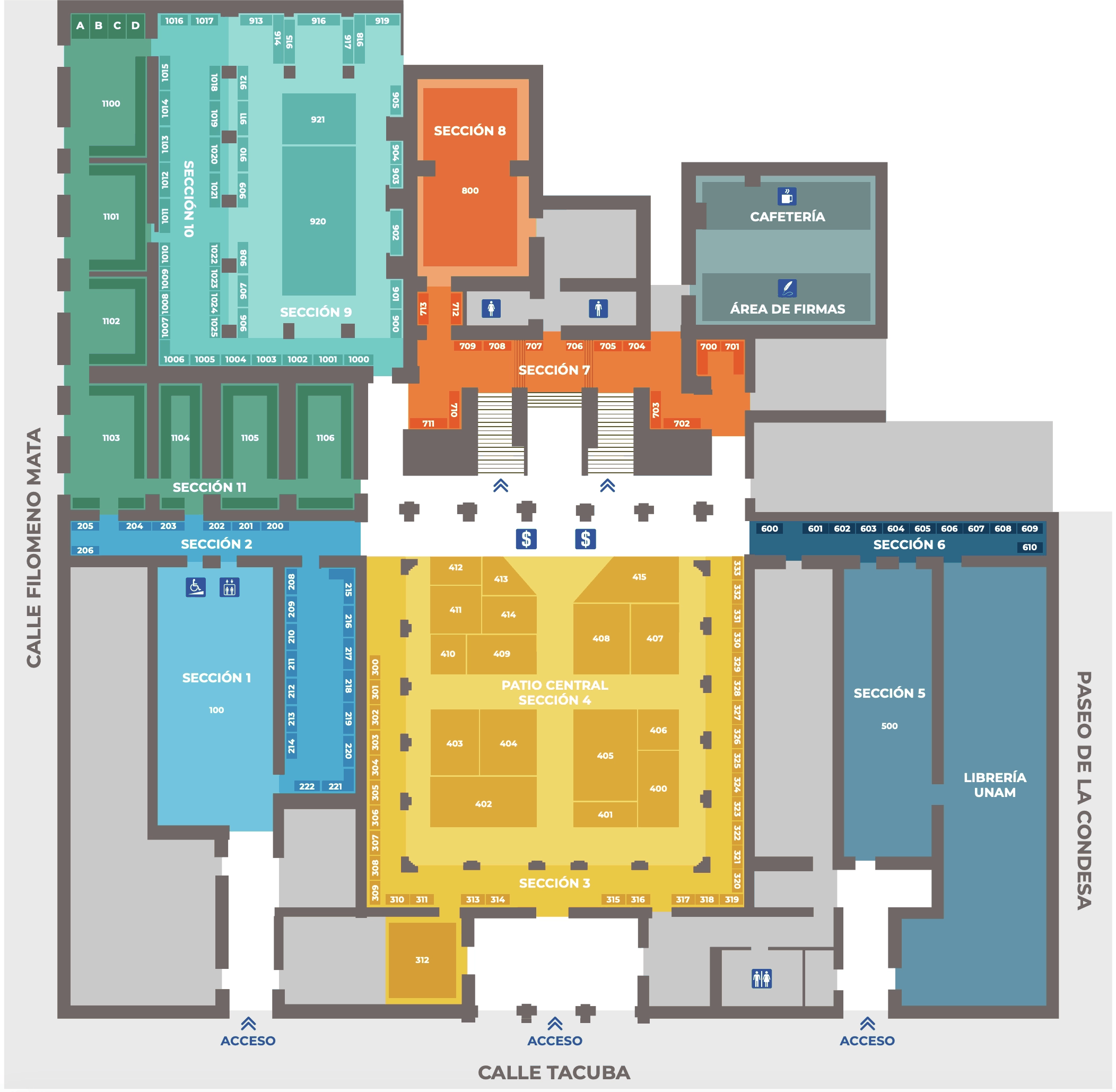 Plano de la planta baja del Palacio de Minería, con las secciones 1 a 11, la cafetería, el área de firmas y la Librería UNAM